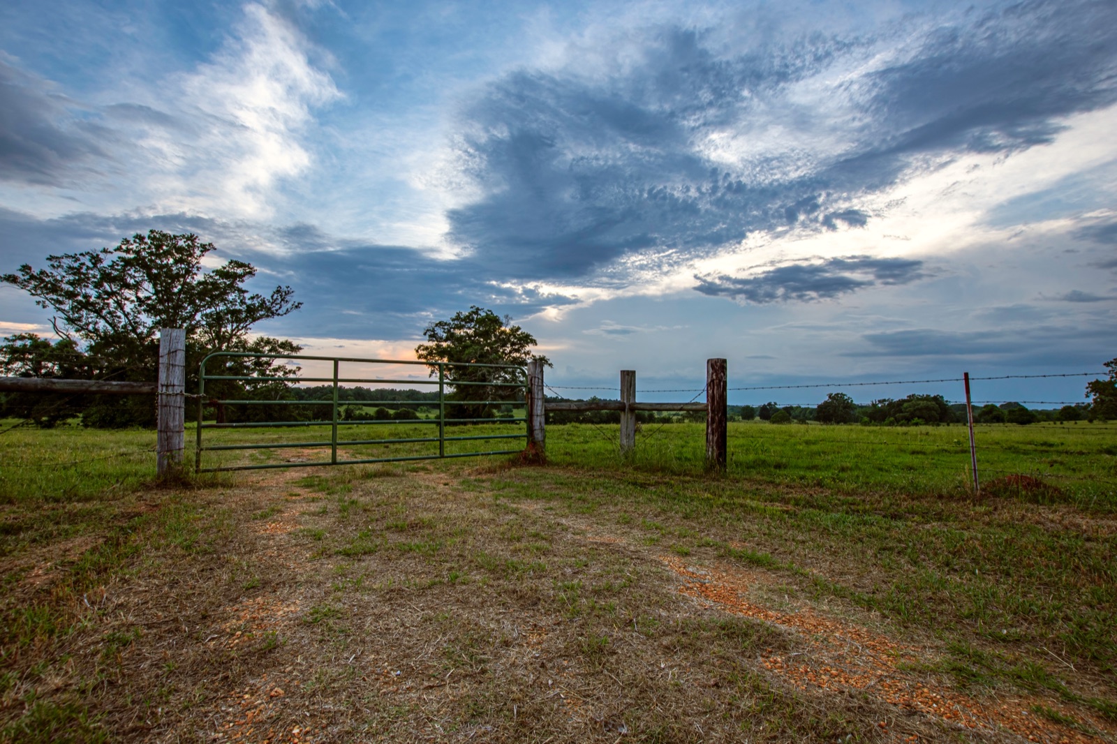 A metal pasture gate under a dramatic South Florida sky